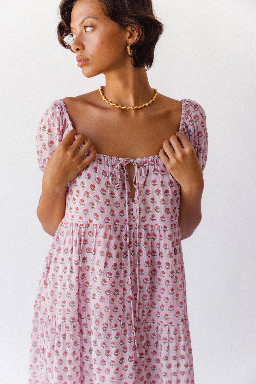 Sita Maxi Dress Violet — studio upper body shot with tie neckline & puff sleeves, hand block print cotton | Daughters of India