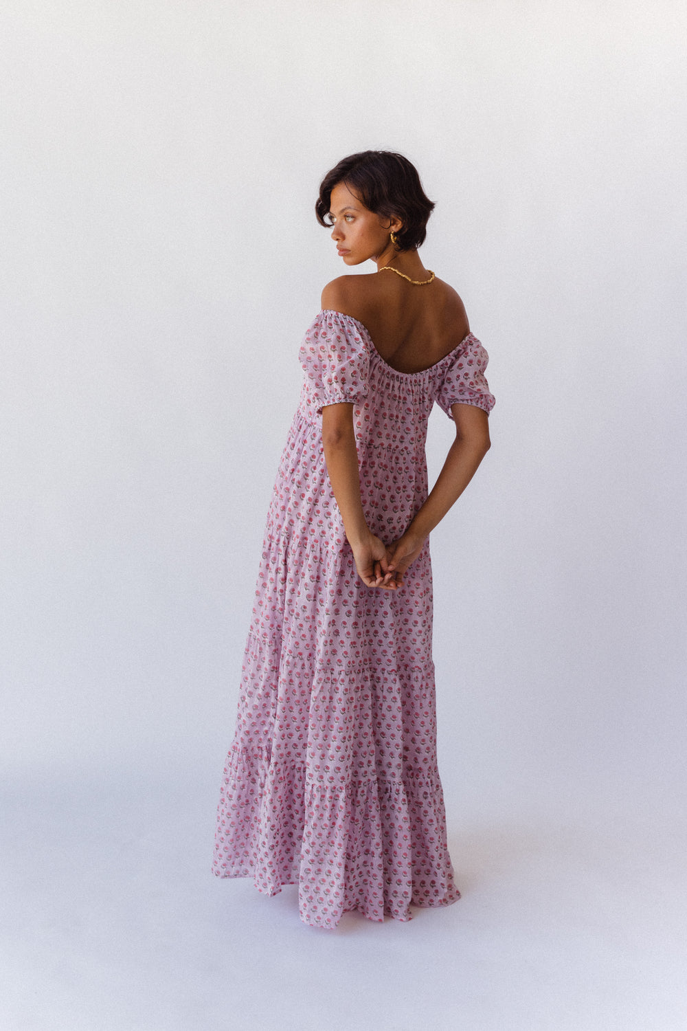 Sita Maxi Dress Violet — back view with off-shoulder styling, hand block print cotton maxi | Daughters of India