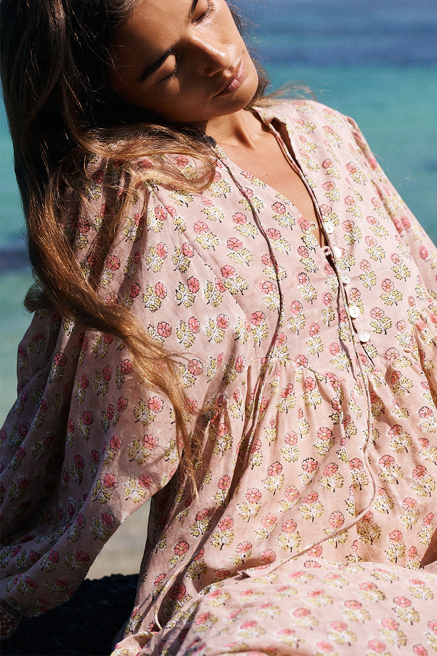 Bhoomi Maxi Dress Sunset — neckline close-up by the sea, artisan hand block print floral cotton | Daughters of India