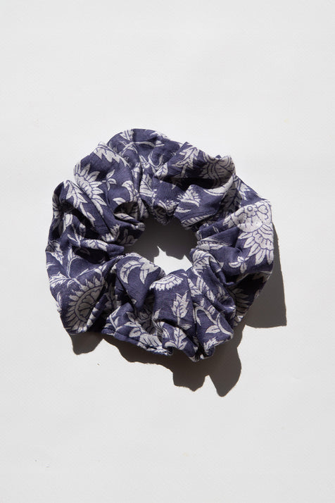 Daughters of India Upcycled Scrunchie in Blue Iris, a deep navy-blue hair scrunchie made from upcycled cotton fabric