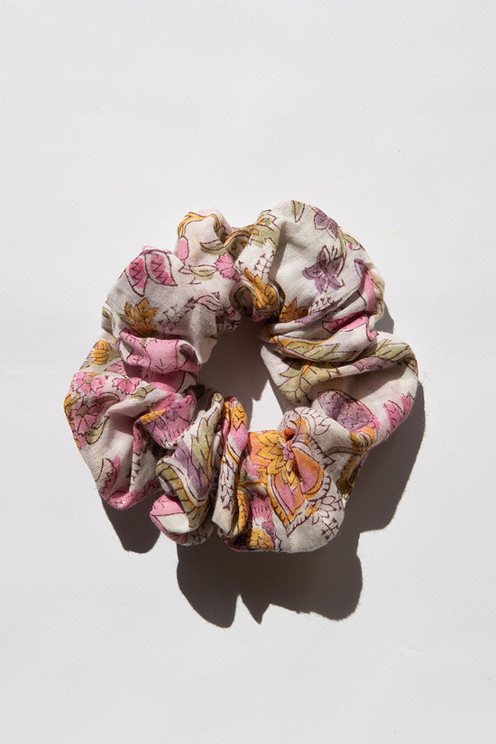 Daughters of India Upcycled Scrunchie in Fuchsia Bloom, a bright pink floral print hair scrunchie made from upcycled cotton fabric