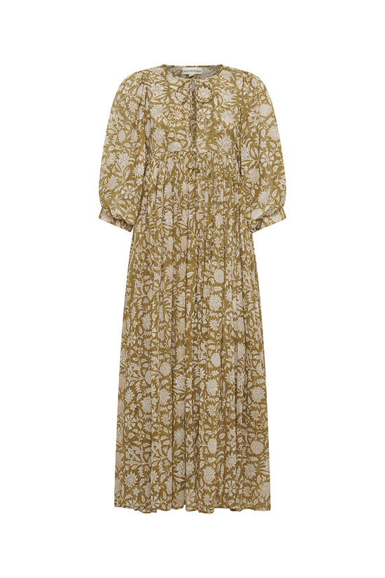 Daughters of India Kyra Maxi Dress in Olive — flat lay showing neckline tie, billowed sleeves, hand screen print cotton