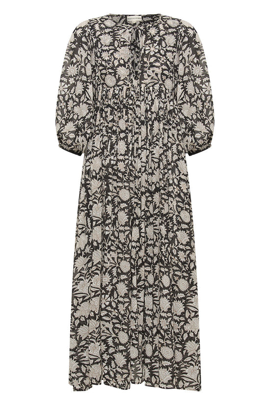 Daughters of India Kyra Maxi Dress in Pepper — flat lay showing neckline tie, billowed sleeves, hand screen print cotton
