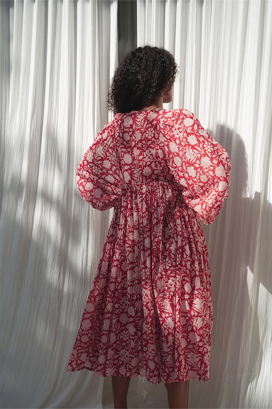 Daughters of India Kyra Midi Dress in Saffron — flowing skirt by sheer curtains, cotton