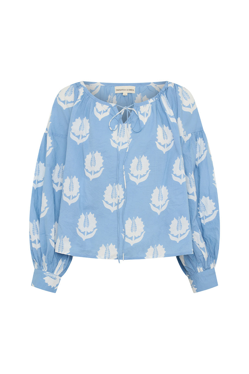 Ria Blouse Sky — studio side profile, three-quarter view, sky blue block print cotton blouse, relaxed silhouette, artisan India | Daughters of India