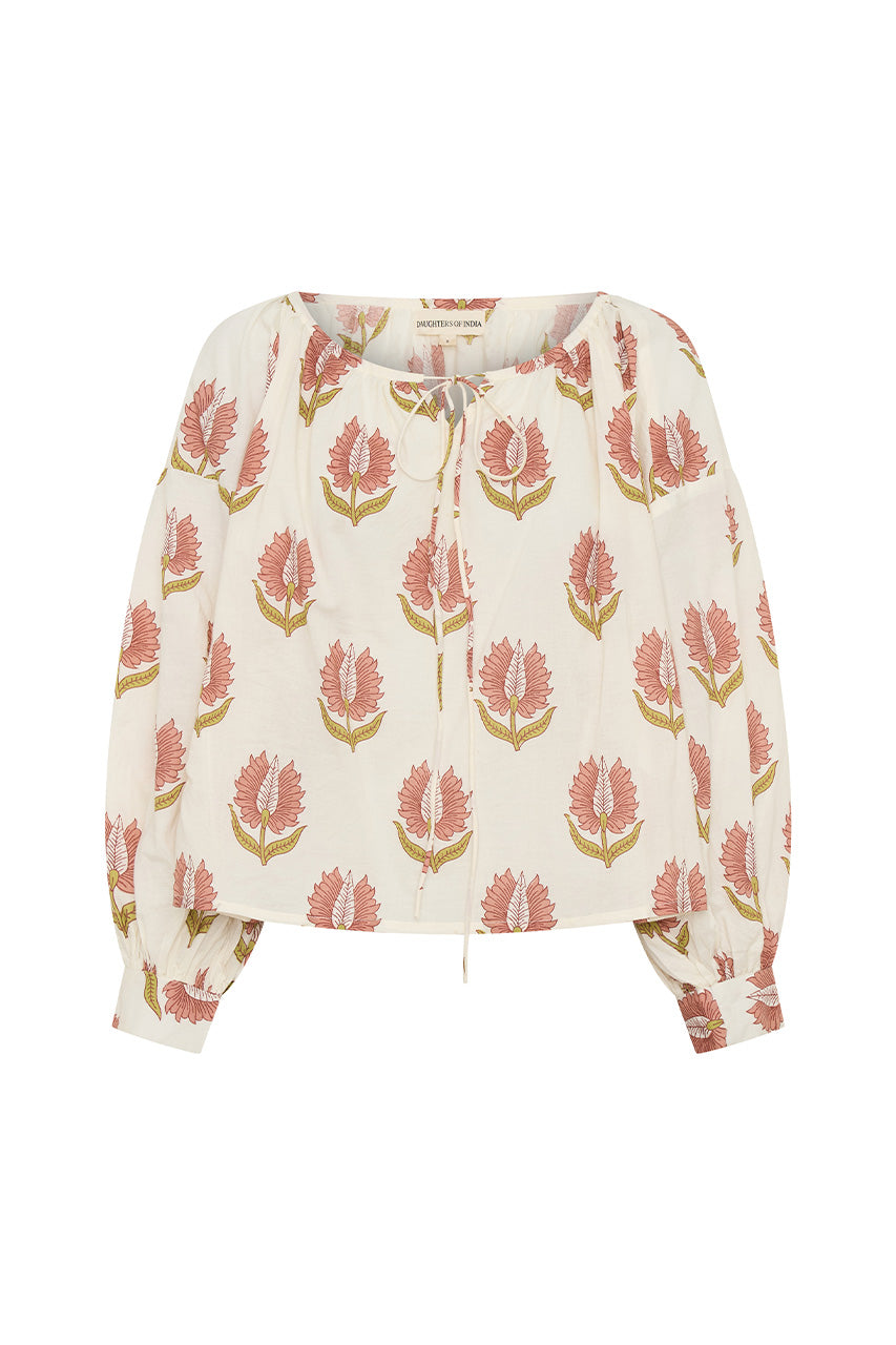 Ria Blouse Strawberry Cream — studio side profile, three-quarter view, strawberry cream hand block print cotton blouse, relaxed silhouette, artisan India | Daughters of India