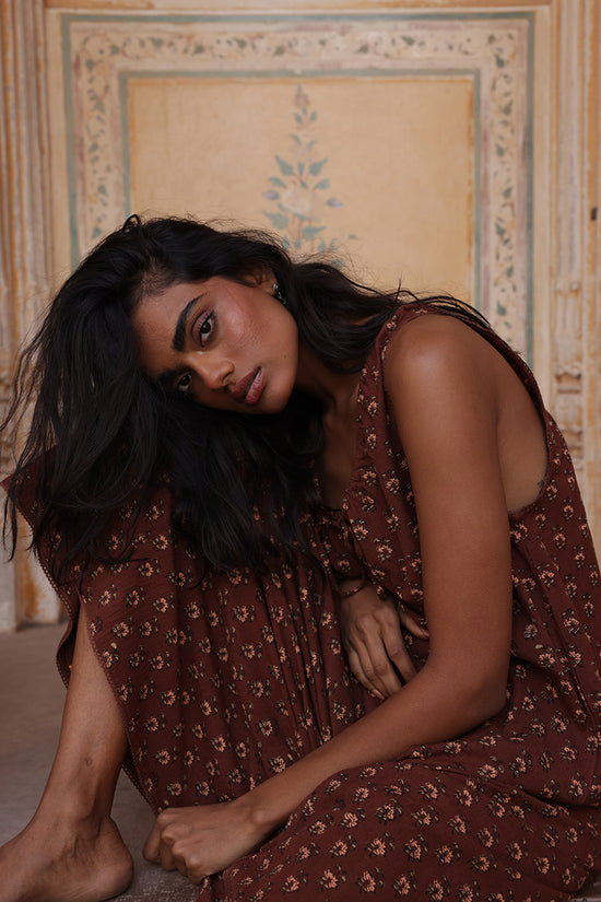 Sundress Midi Almond — outdoor lifestyle portrait, model in natural light, full length view, hand block print almond cotton midi sundress, sleeveless summer dress, artisan Jaipur India | Daughters of India