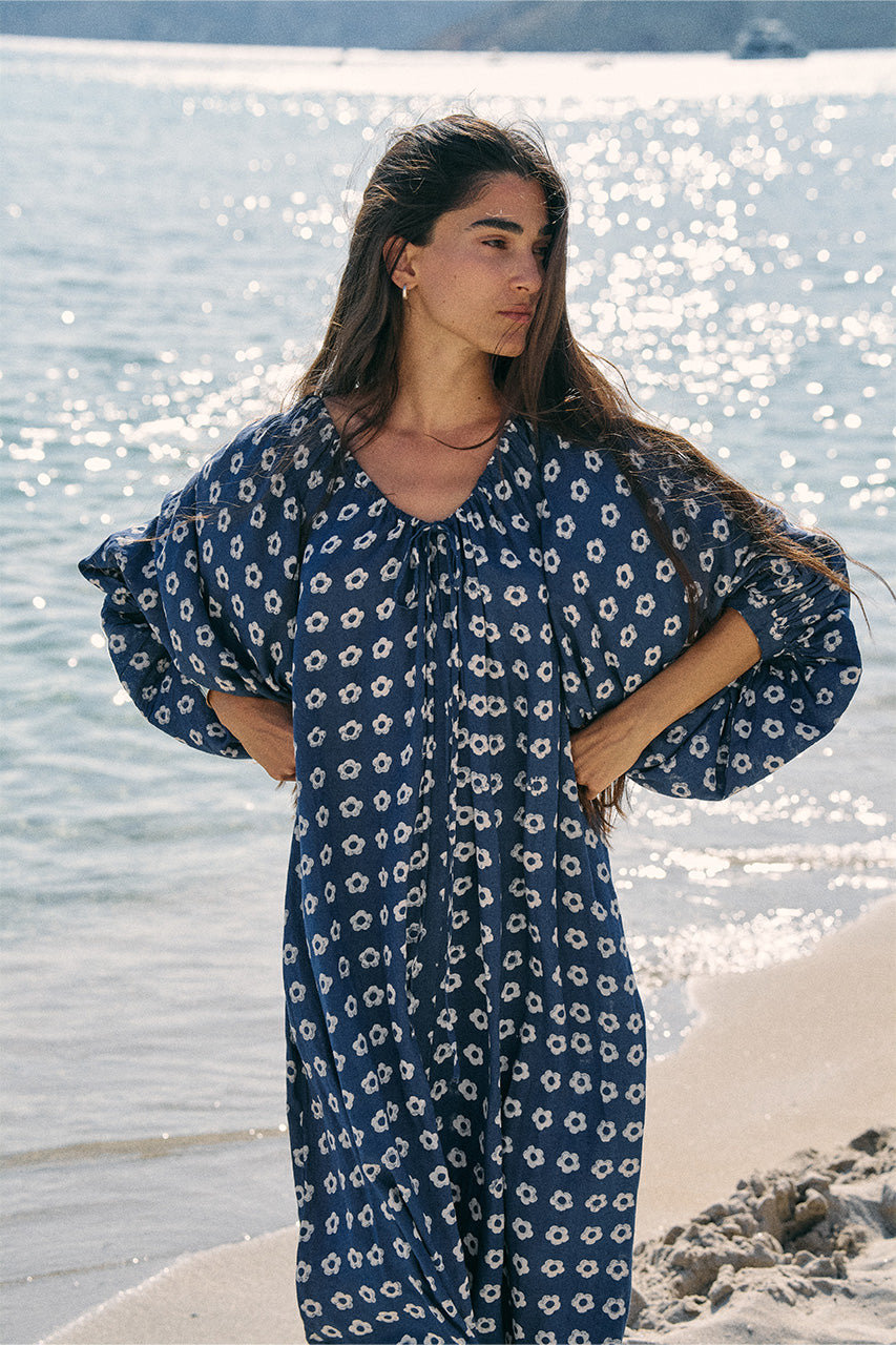 Zahra Midi Dress in Indigo — hand block print linen midi dress | Daughters of India