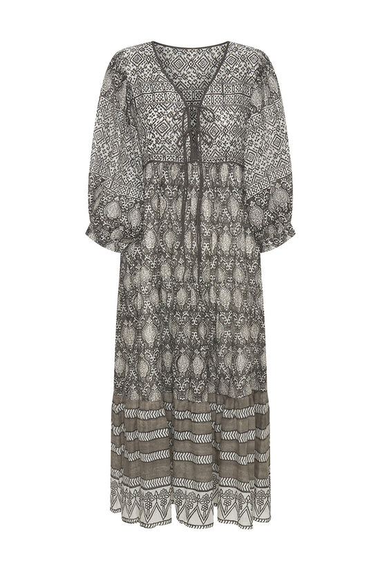 Daughters of India Jasmine Midi Dress in Charcoal — flat lay showing V-neckline tie, tiered border hem, hand screen print